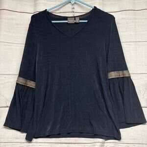Chico's Travelers Navy Blue Bell Sleeve V-Neck Top Metallic Trim Size 1 M